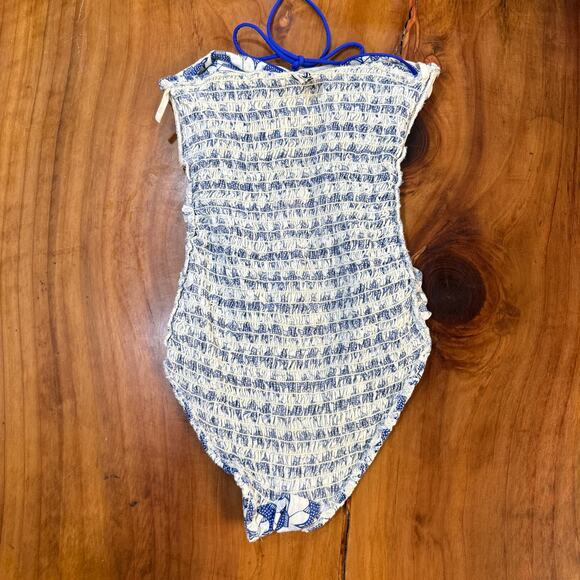 Vintage 60s 70s 1 Piece Swimsuit E-Stewart Beach Strapless Fish Cotton Ruched - Picture 5 of 5